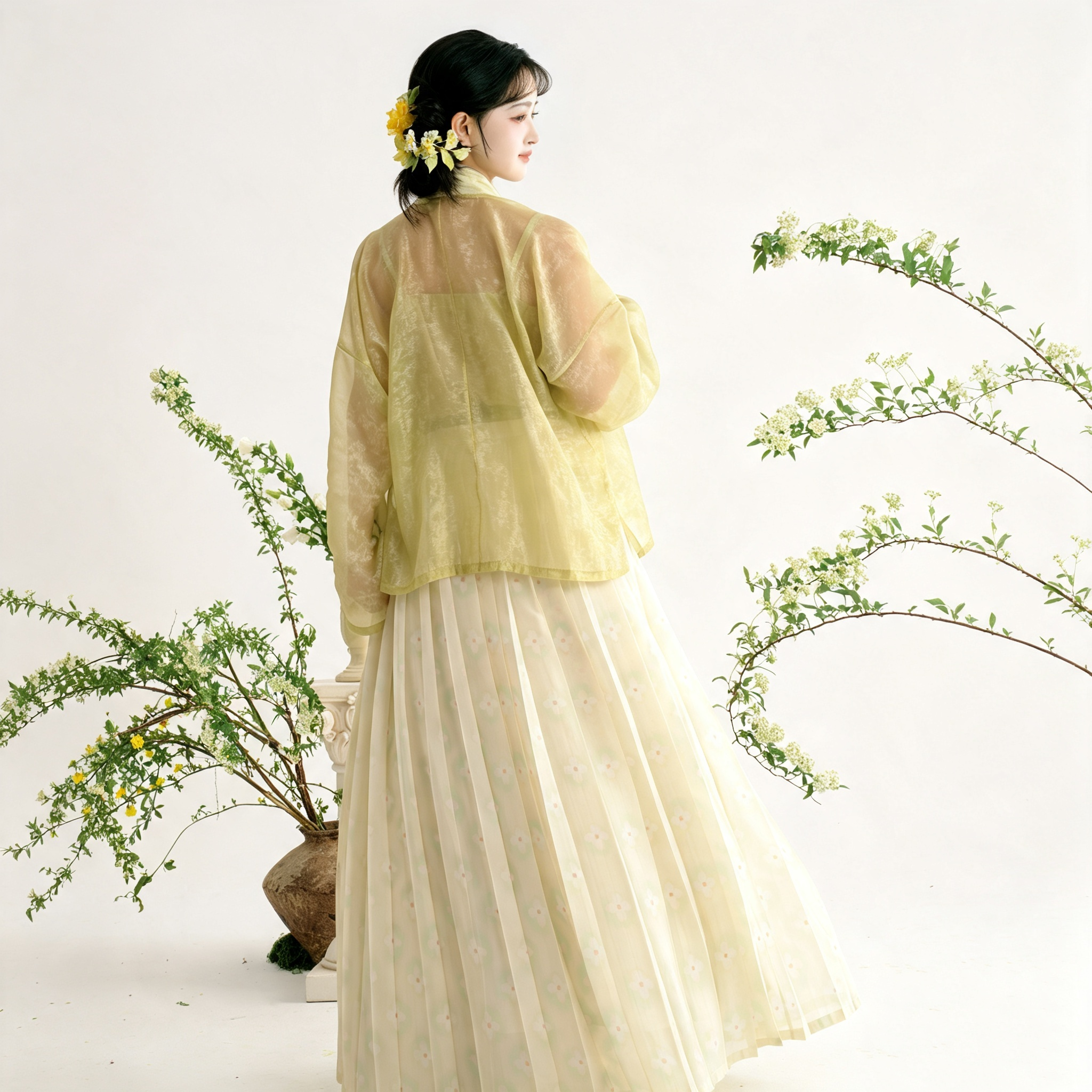 Song Dynasty Hanfu Dress Women - Pale Yellow Sage Green Embroidered Traditional Chinese Clothing Flowy Pleated Long Gown