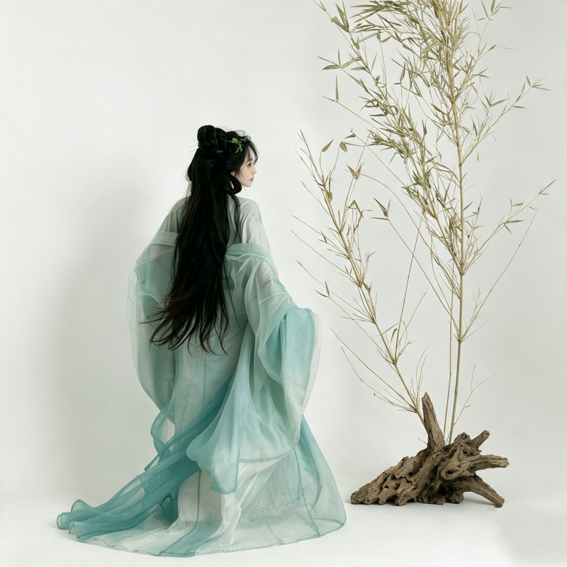 Wei Jin Dynasty Hanfu Dress Women - Mint Green Lunar White Sheer Traditional Chinese Clothing Flowy Wide Sleeve Gown