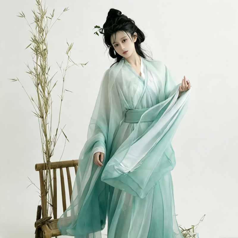 Wei Jin Dynasty Hanfu Dress Women - Mint Green Lunar White Sheer Traditional Chinese Clothing Flowy Wide Sleeve Gown