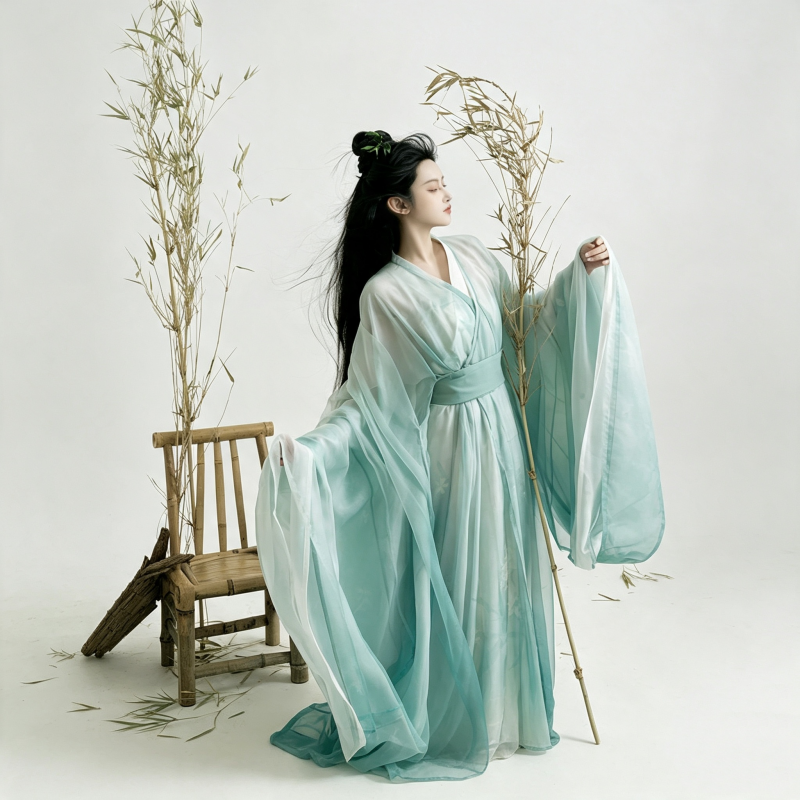 Wei Jin Dynasty Hanfu Dress Women - Mint Green Lunar White Sheer Traditional Chinese Clothing Flowy Wide Sleeve Gown