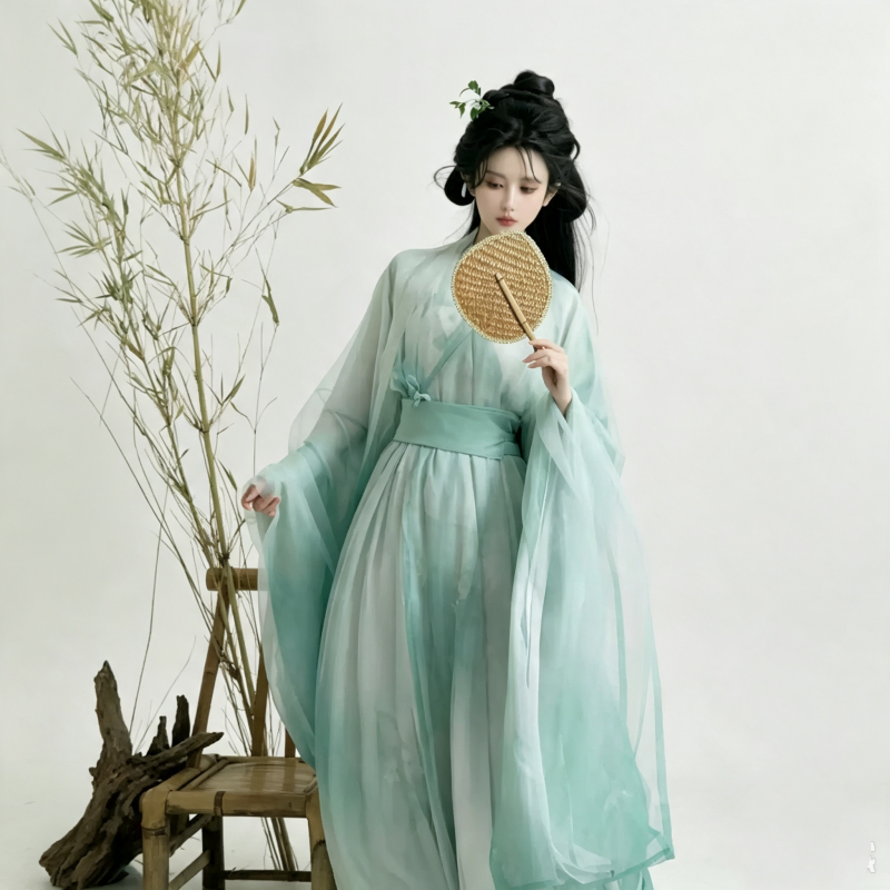 Wei Jin Dynasty Hanfu Dress Women - Mint Green Lunar White Sheer Traditional Chinese Clothing Flowy Wide Sleeve Gown