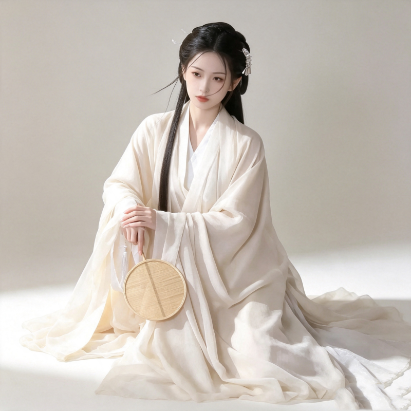 Wei Jin Dynasty Hanfu Dress Women - Ivory White Minimalist Traditional Chinese Clothing Flowy Wide Sleeve Gown