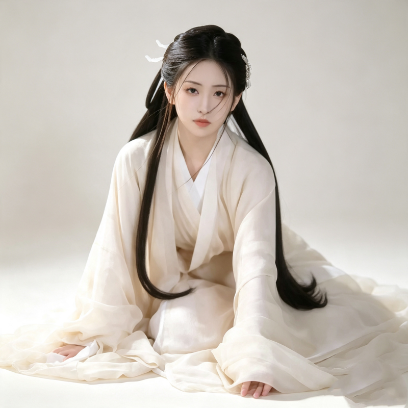 Wei Jin Dynasty Hanfu Dress Women - Ivory White Minimalist Traditional Chinese Clothing Flowy Wide Sleeve Gown