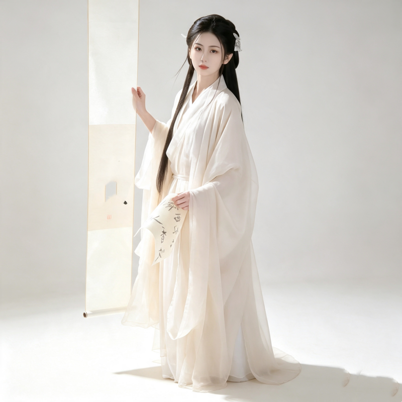 Wei Jin Dynasty Hanfu Dress Women - Ivory White Minimalist Traditional Chinese Clothing Flowy Wide Sleeve Gown