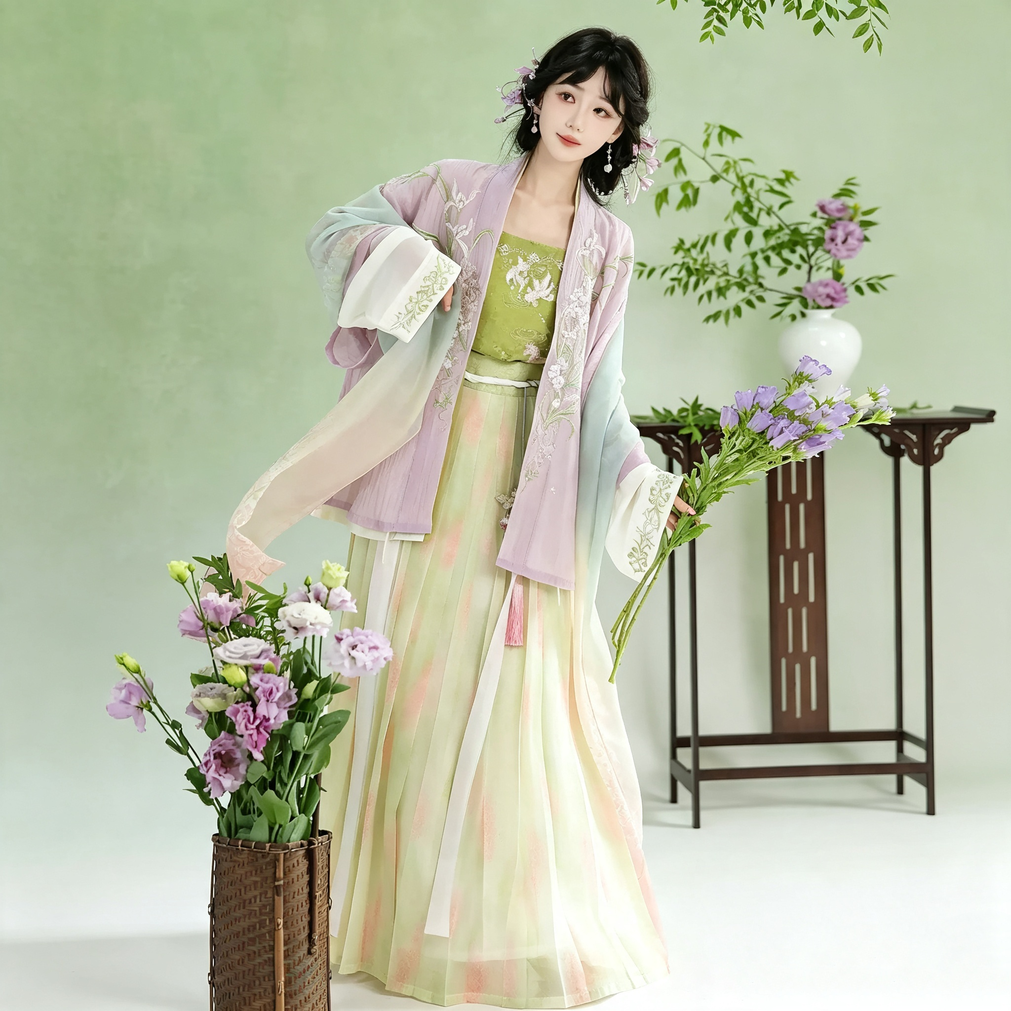Song Dynasty Hanfu Dress Women - Lavender Purple Match Green Embroidered Traditional Chinese Clothing Flowy Pleated Long Gown