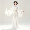 Han Dynasty Hanfu Dress Women - Ivory White Floral Jacquard Traditional Chinese Clothing Flowy Wide Sleeve Gown