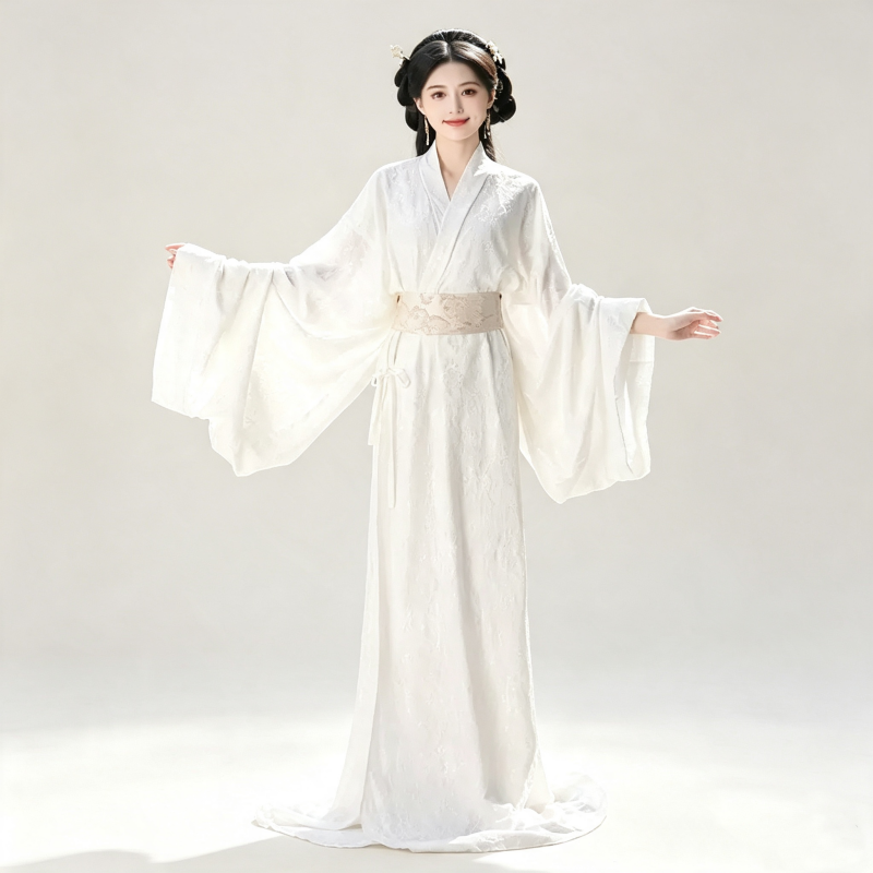 Han Dynasty Hanfu Dress Women - Ivory White Floral Jacquard Traditional Chinese Clothing Flowy Wide Sleeve Gown