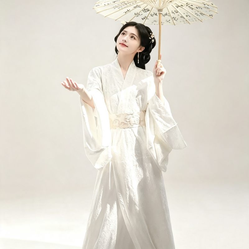 Han Dynasty Hanfu Dress Women - Ivory White Floral Jacquard Traditional Chinese Clothing Flowy Wide Sleeve Gown