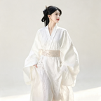 Han Dynasty Hanfu Dress Women - Ivory White Floral Jacquard Traditional Chinese Clothing Flowy Wide Sleeve Gown
