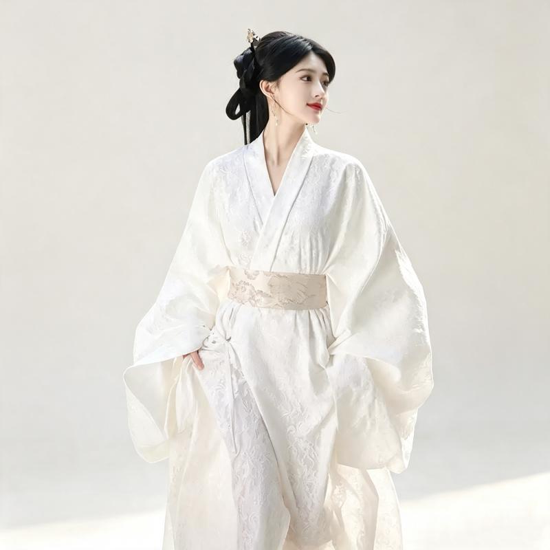 Han Dynasty Hanfu Dress Women - Ivory White Floral Jacquard Traditional Chinese Clothing Flowy Wide Sleeve Gown