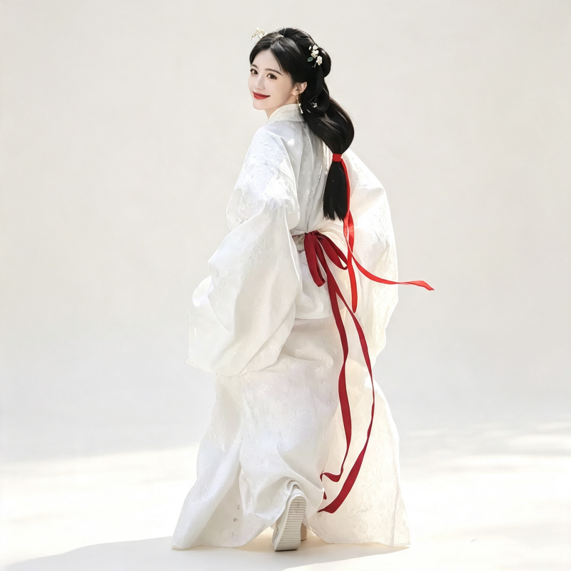 Han Dynasty Hanfu Dress Women - Ivory White Floral Jacquard Traditional Chinese Clothing Flowy Wide Sleeve Gown