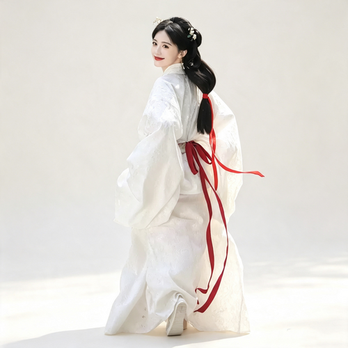 Han Dynasty Hanfu Dress Women - Ivory White Floral Jacquard Traditional Chinese Clothing Flowy Wide Sleeve Gown