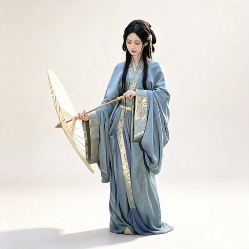Han Dynasty Hanfu Dress Women - Slate Blue Gold Brocade Traditional Chinese Clothing Flowy Wide Sleeve Gown