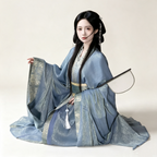 Han Dynasty Hanfu Dress Women - Slate Blue Gold Brocade Traditional Chinese Clothing Flowy Wide Sleeve Gown