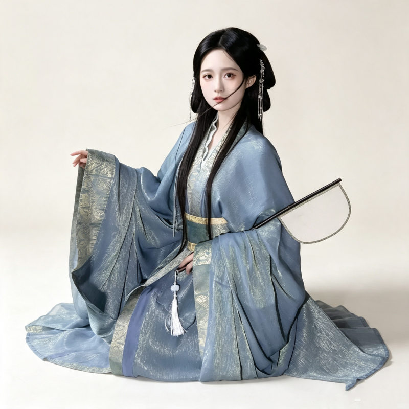 Han Dynasty Hanfu Dress Women - Slate Blue Gold Brocade Traditional Chinese Clothing Flowy Wide Sleeve Gown