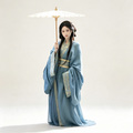 Han Dynasty Hanfu Dress Women - Slate Blue Gold Brocade Traditional Chinese Clothing Flowy Wide Sleeve Gown