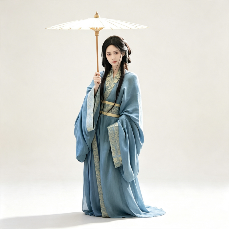 Han Dynasty Hanfu Dress Women - Slate Blue Gold Brocade Traditional Chinese Clothing Flowy Wide Sleeve Gown