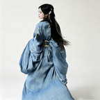 Han Dynasty Hanfu Dress Women - Slate Blue Gold Brocade Traditional Chinese Clothing Flowy Wide Sleeve Gown