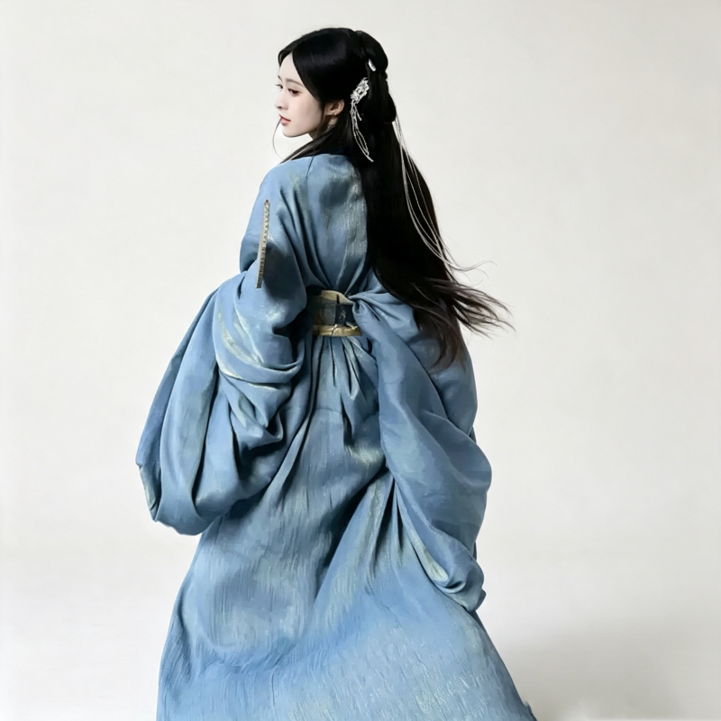 Han Dynasty Hanfu Dress Women - Slate Blue Gold Brocade Traditional Chinese Clothing Flowy Wide Sleeve Gown