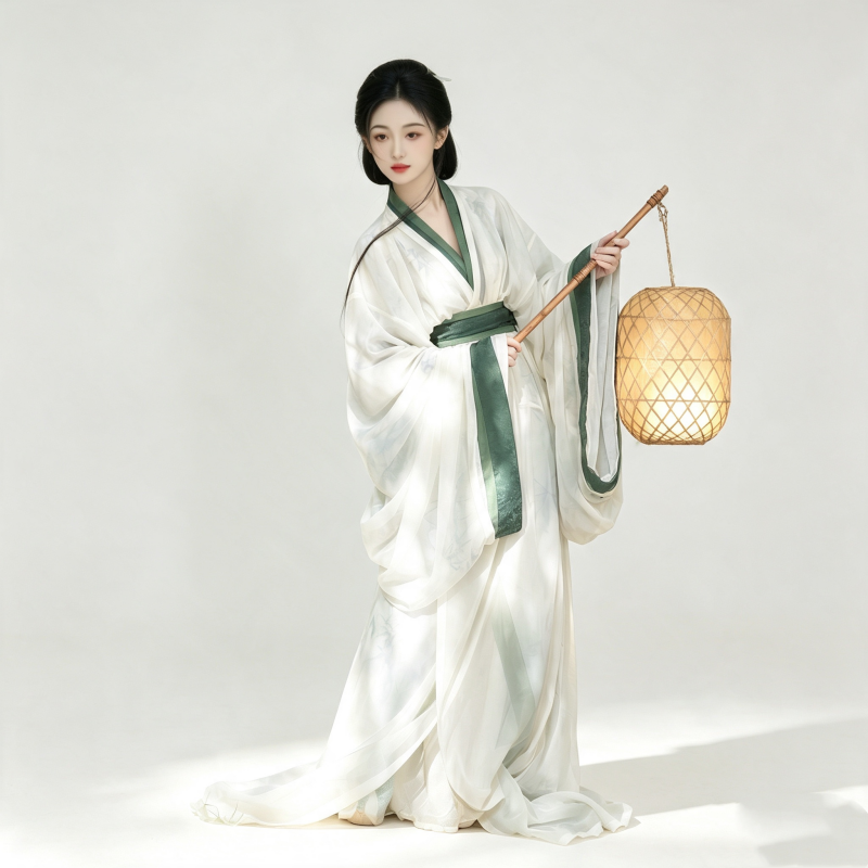 Han Dynasty Hanfu Dress Women - Lunar White Dark Jade Green Trim Traditional Chinese Clothing Flowy Wide Sleeve Gown