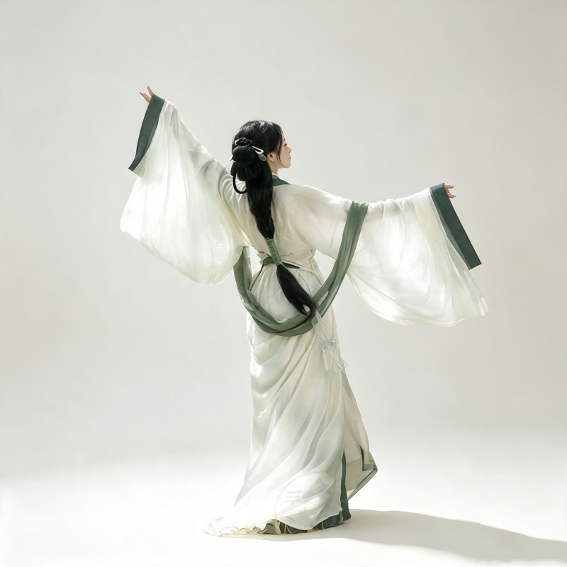 Han Dynasty Hanfu Dress Women - Lunar White Dark Jade Green Trim Traditional Chinese Clothing Flowy Wide Sleeve Gown
