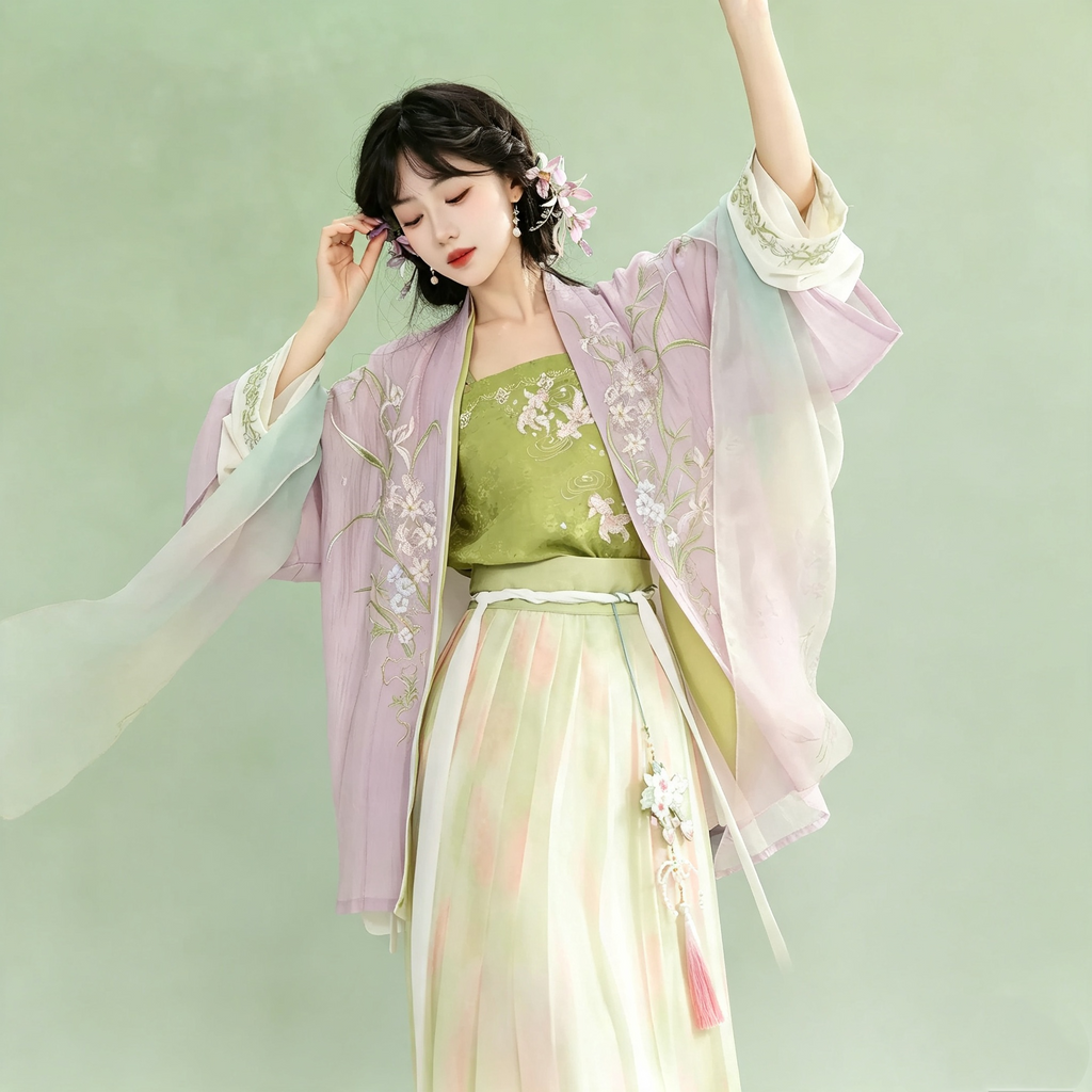 Song Dynasty Hanfu Dress Women - Lavender Purple Match Green Embroidered Traditional Chinese Clothing Flowy Pleated Long Gown