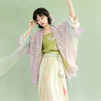 Song Dynasty Hanfu Dress Women - Lavender Purple Match Green Embroidered Traditional Chinese Clothing Flowy Pleated Long Gown