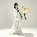 Han Dynasty Hanfu Dress Women - Lunar White Dark Jade Green Trim Traditional Chinese Clothing Flowy Wide Sleeve Gown