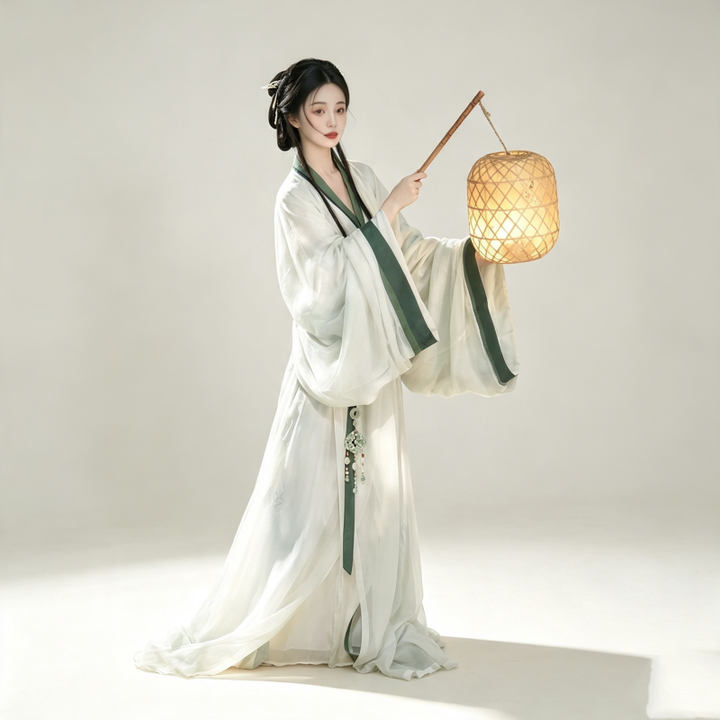 Han Dynasty Hanfu Dress Women - Lunar White Dark Jade Green Trim Traditional Chinese Clothing Flowy Wide Sleeve Gown