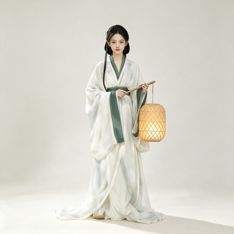 Han Dynasty Hanfu Dress Women - Lunar White Dark Jade Green Trim Traditional Chinese Clothing Flowy Wide Sleeve Gown