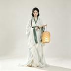 Han Dynasty Hanfu Dress Women - Lunar White Dark Jade Green Trim Traditional Chinese Clothing Flowy Wide Sleeve Gown