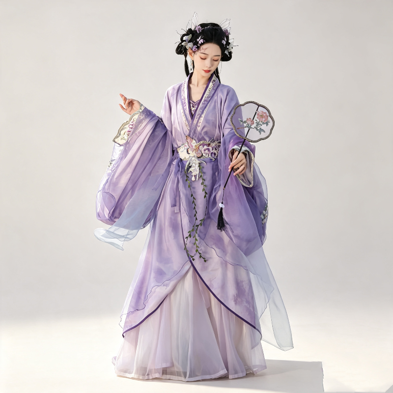 Han Dynasty Hanfu Dress Women - Violet Lavender Floral Embroidered Traditional Chinese Clothing Flowy Wide Sleeve Gown