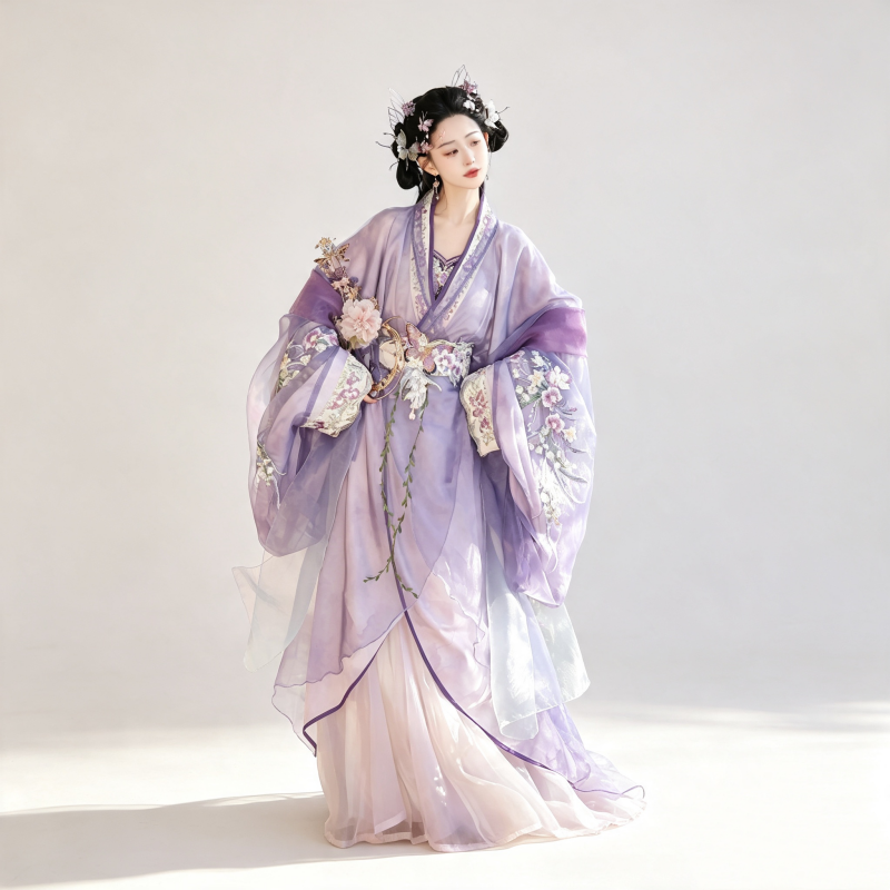 Han Dynasty Hanfu Dress Women - Violet Lavender Floral Embroidered Traditional Chinese Clothing Flowy Wide Sleeve Gown