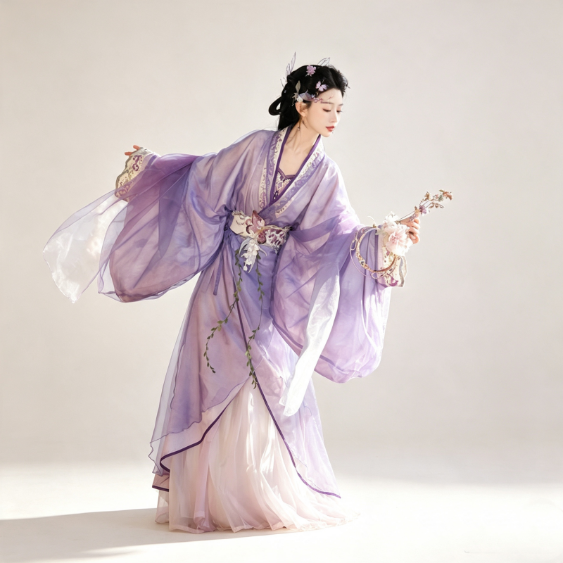 Han Dynasty Hanfu Dress Women - Violet Lavender Floral Embroidered Traditional Chinese Clothing Flowy Wide Sleeve Gown