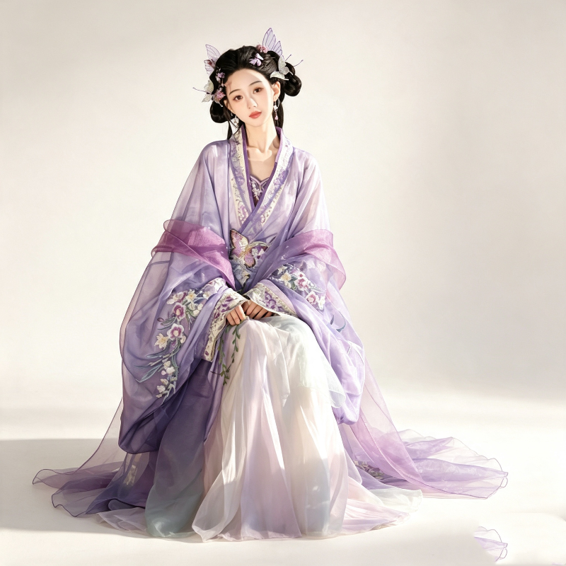 Han Dynasty Hanfu Dress Women - Violet Lavender Floral Embroidered Traditional Chinese Clothing Flowy Wide Sleeve Gown