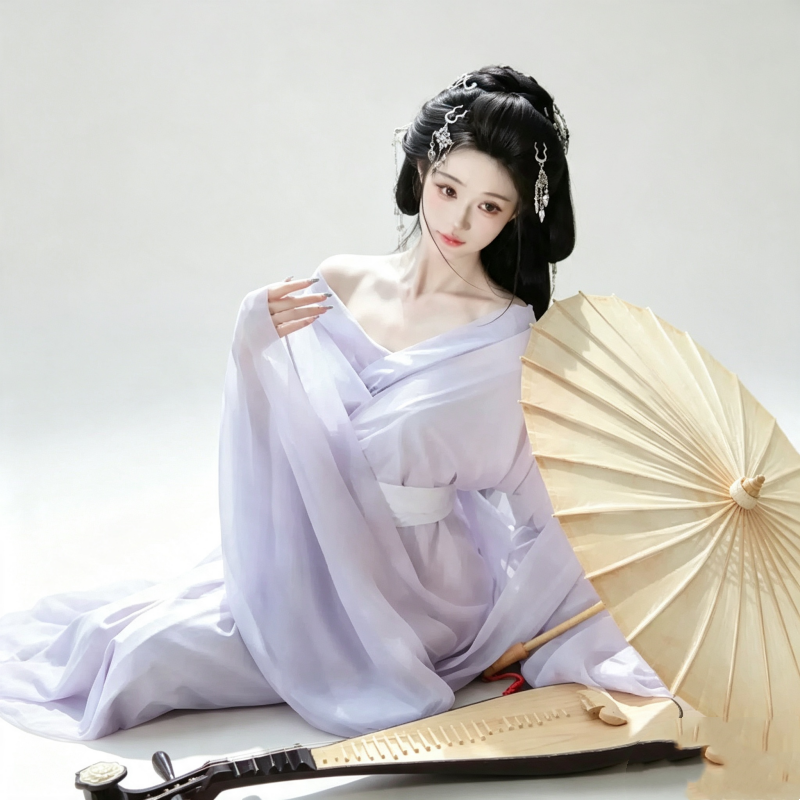 Han Dynasty Hanfu Dress Women - Lilac Purple Sheer Traditional Chinese Clothing Flowy Wide Sleeve Gown