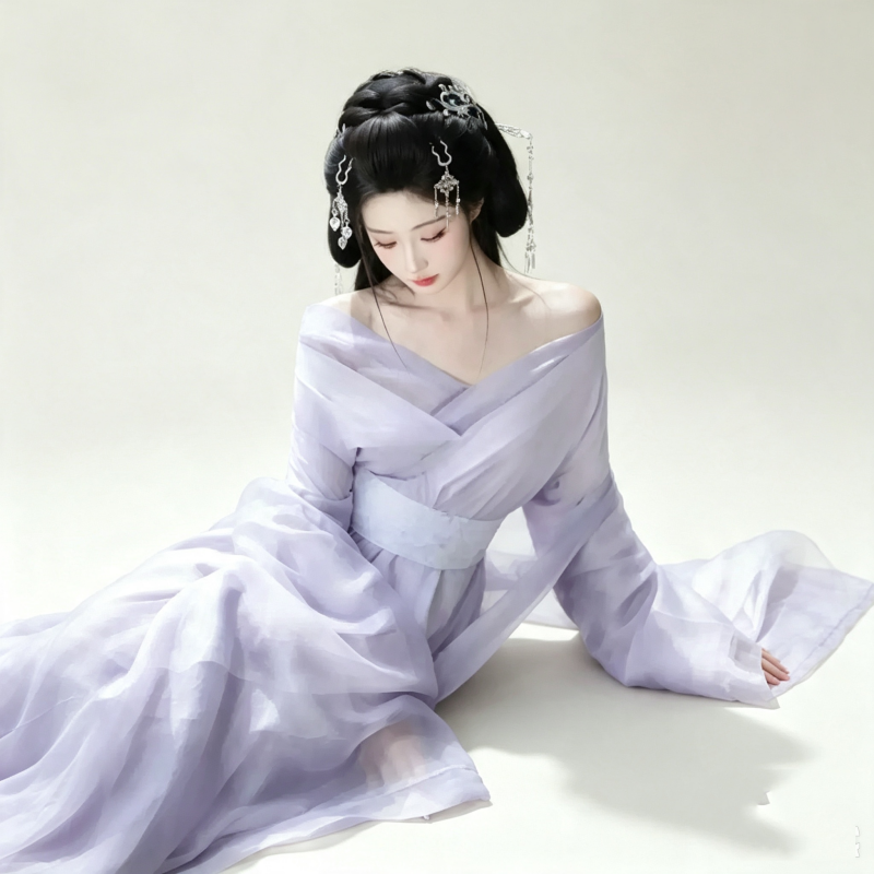 Han Dynasty Hanfu Dress Women - Lilac Purple Sheer Traditional Chinese Clothing Flowy Wide Sleeve Gown
