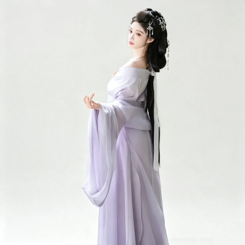Han Dynasty Hanfu Dress Women - Lilac Purple Sheer Traditional Chinese Clothing Flowy Wide Sleeve Gown
