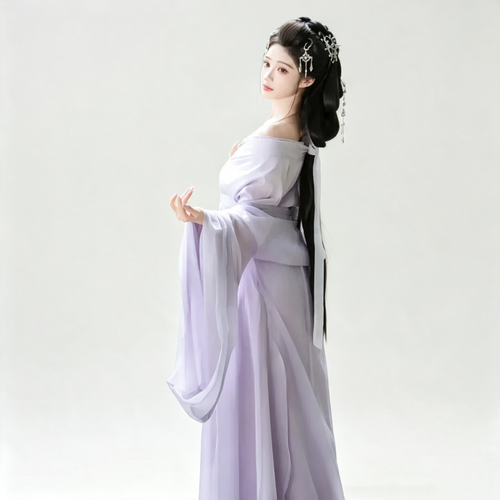 Han Dynasty Hanfu Dress Women - Lilac Purple Sheer Traditional Chinese Clothing Flowy Wide Sleeve Gown