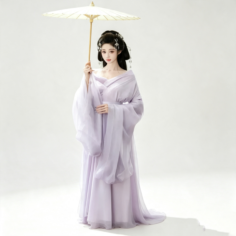 Han Dynasty Hanfu Dress Women - Lilac Purple Sheer Traditional Chinese Clothing Flowy Wide Sleeve Gown