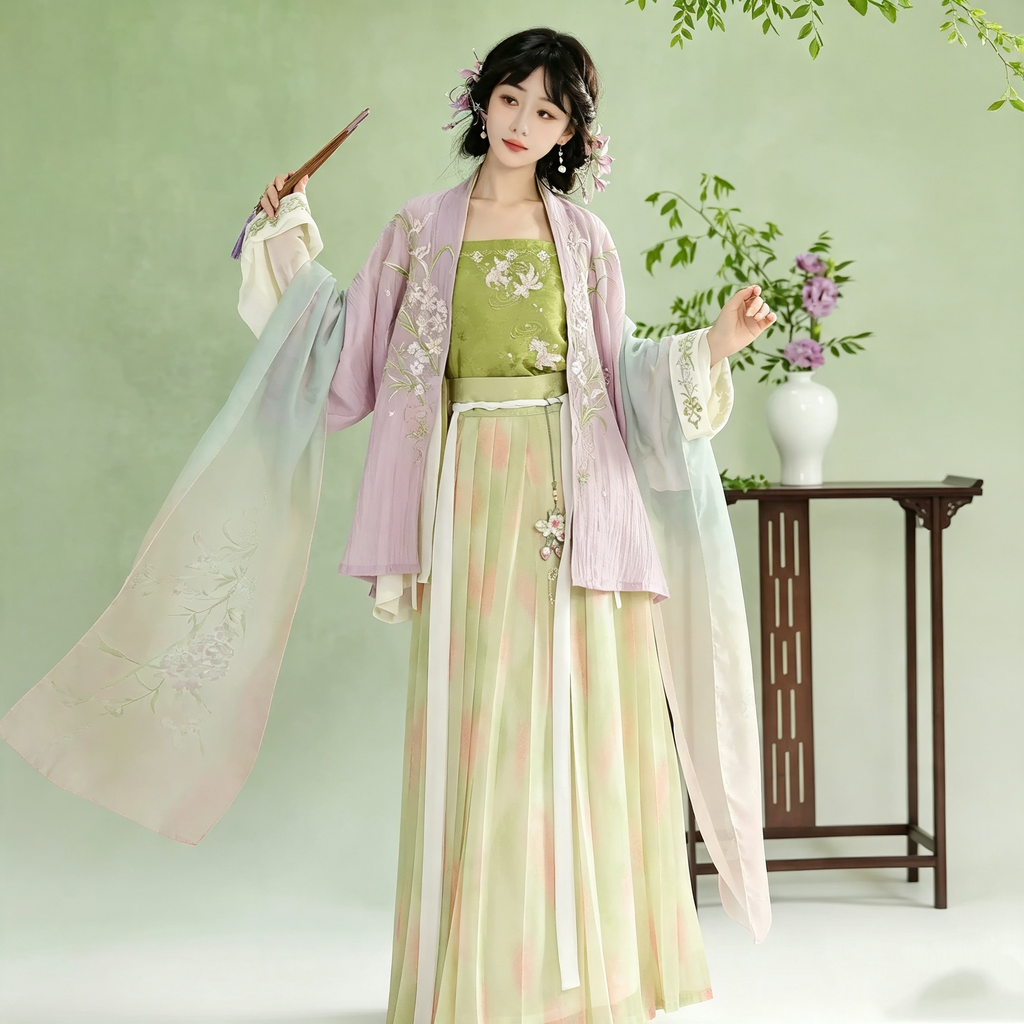 Song Dynasty Hanfu Dress Women - Lavender Purple Match Green Embroidered Traditional Chinese Clothing Flowy Pleated Long Gown