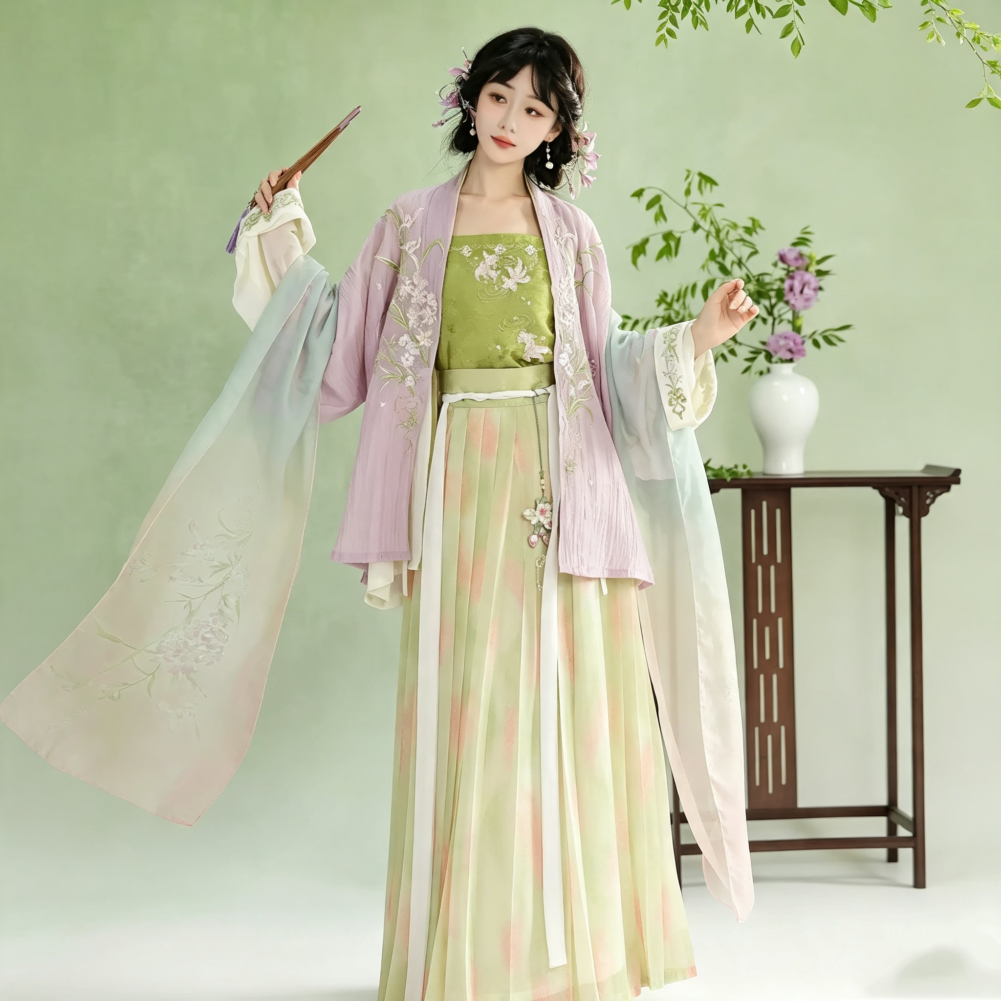 Song Dynasty Hanfu Dress Women - Lavender Purple Match Green Embroidered Traditional Chinese Clothing Flowy Pleated Long Gown