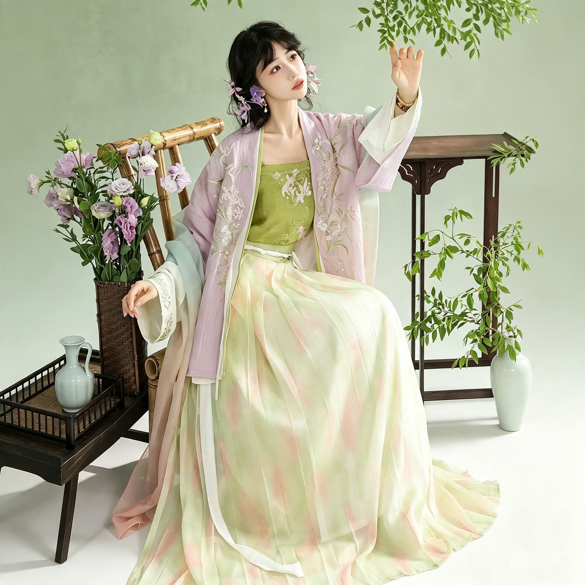 Song Dynasty Hanfu Dress Women - Lavender Purple Match Green Embroidered Traditional Chinese Clothing Flowy Pleated Long Gown