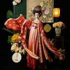 Tang Dynasty Style Hanfu Dress Women - Vermilion Red & Amber Gold Printed Wide-Sleeve Chest-Ru (Qixiong Ruqun) Set