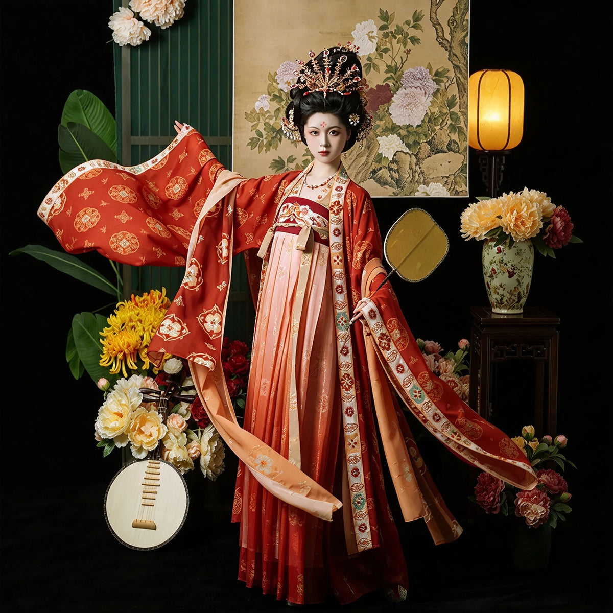 Tang Dynasty Style Hanfu Dress Women - Vermilion Red & Amber Gold Printed Wide-Sleeve Chest-Ru (Qixiong Ruqun) Set
