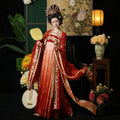 Tang Dynasty Style Hanfu Dress Women - Vermilion Red & Amber Gold Printed Wide-Sleeve Chest-Ru (Qixiong Ruqun) Set