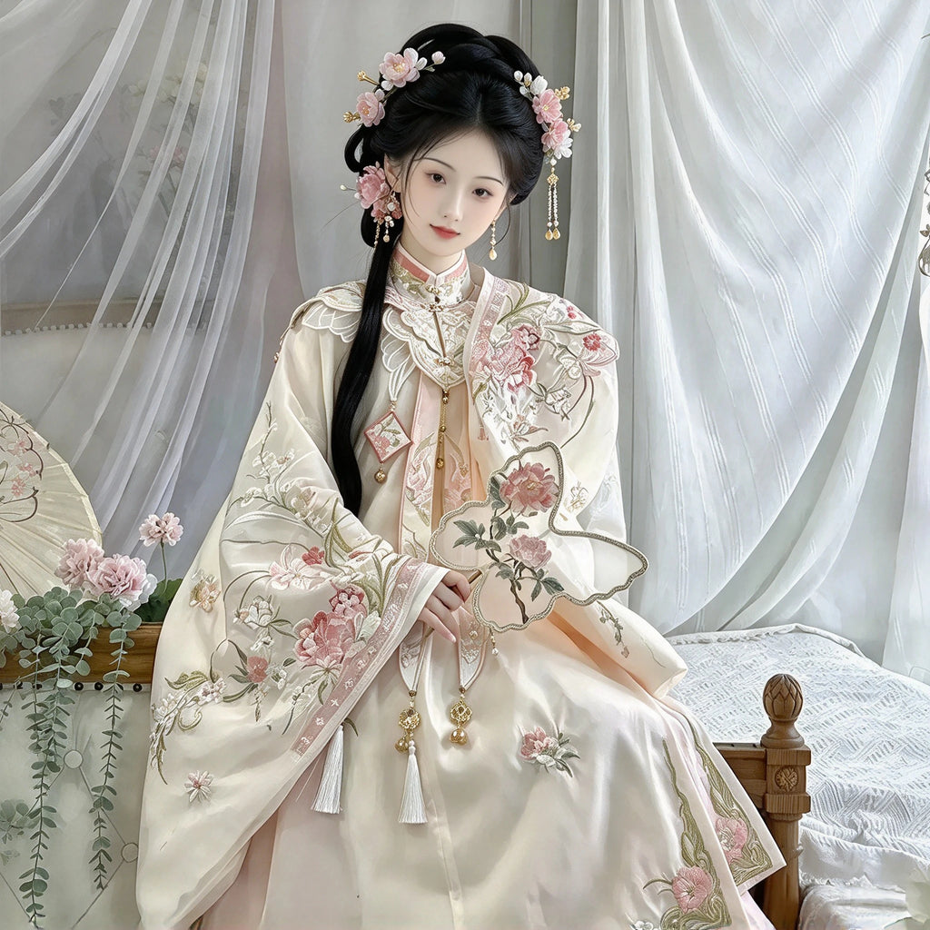 Ming Dynasty Hanfu Set Women - Soft Apricot Beige & Blush Pink Embroidered Standing Collar Robe (Changshan), Cloud Collar (Yunjian) & Horse-Face Skirt (Mamianqun) Set