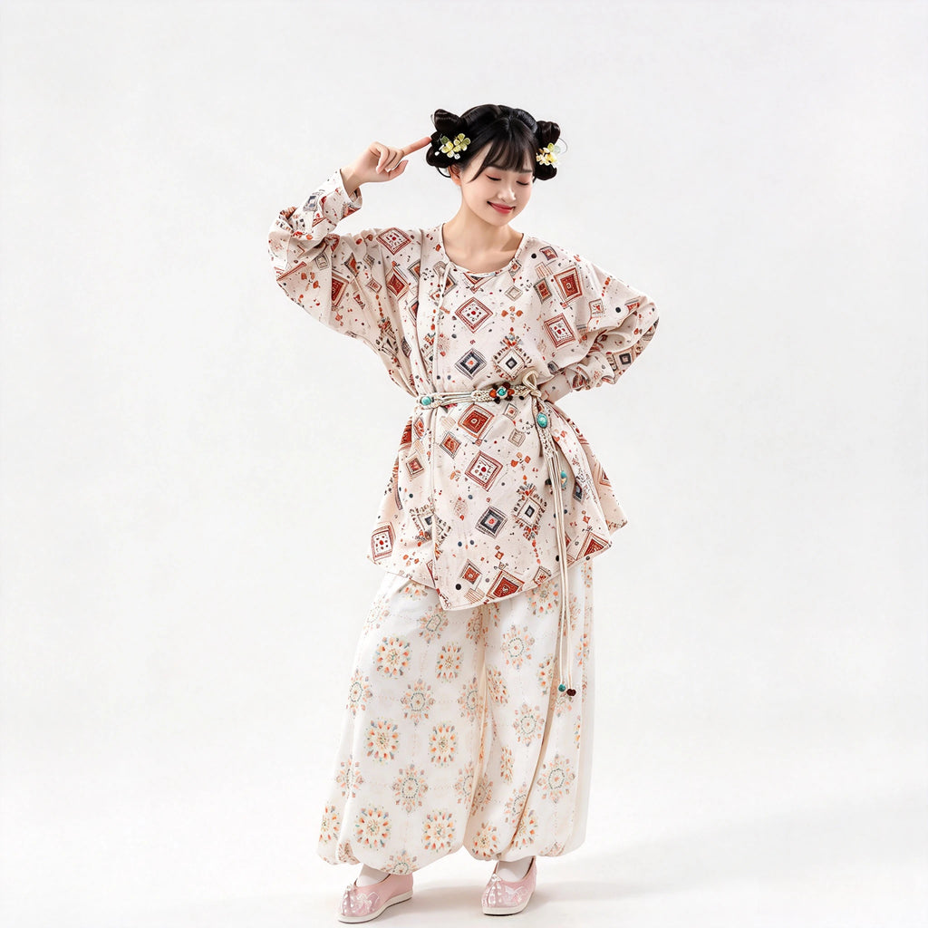 Tang Hanfu Set Damen – Bedrucktes Oberteil mit Kreuzkragen Weite Pluderhose, Elegantes Traditionelles Gewand für Cosplay & Alltag