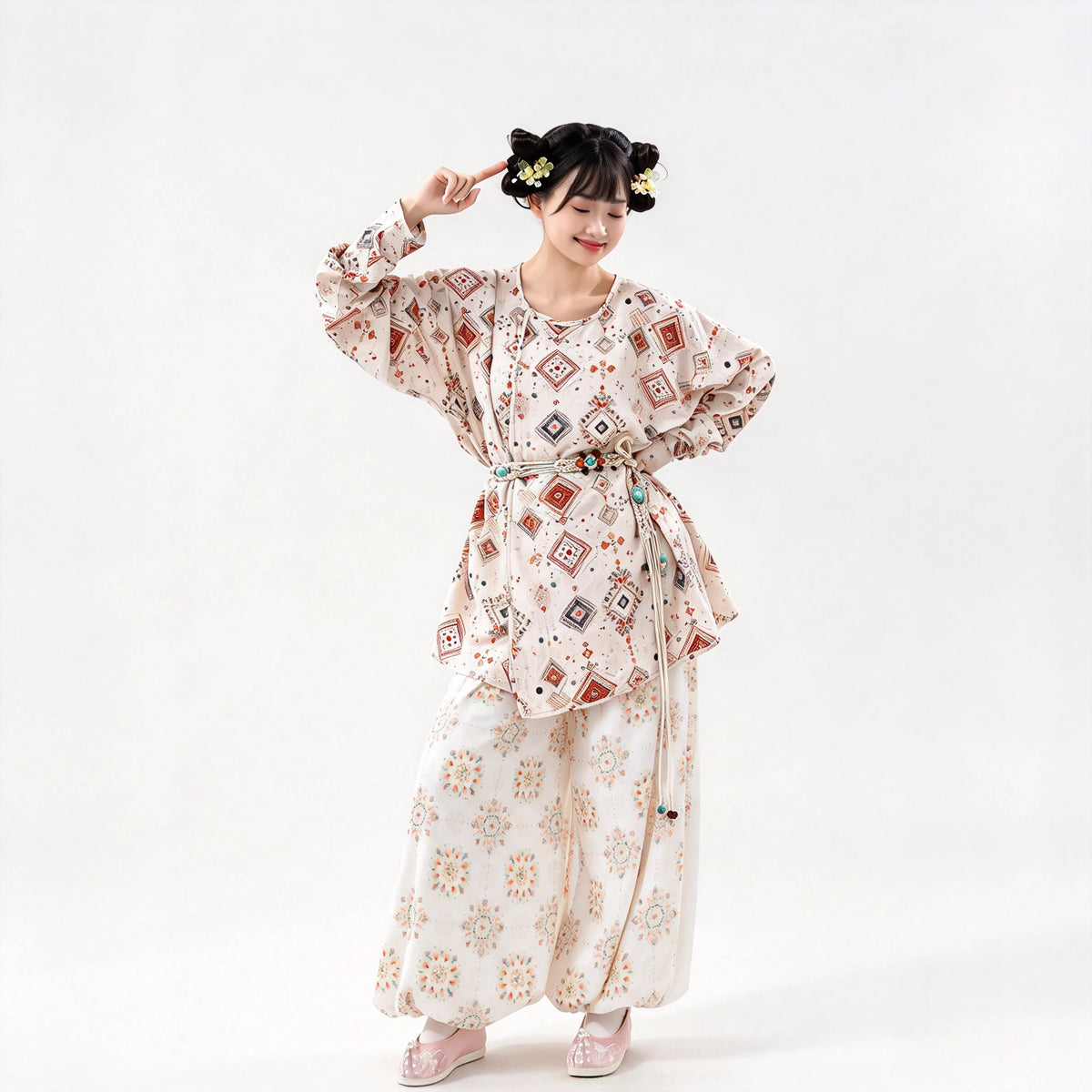 Tang Hanfu Set Damen – Bedrucktes Oberteil mit Kreuzkragen Weite Pluderhose, Elegantes Traditionelles Gewand für Cosplay & Alltag