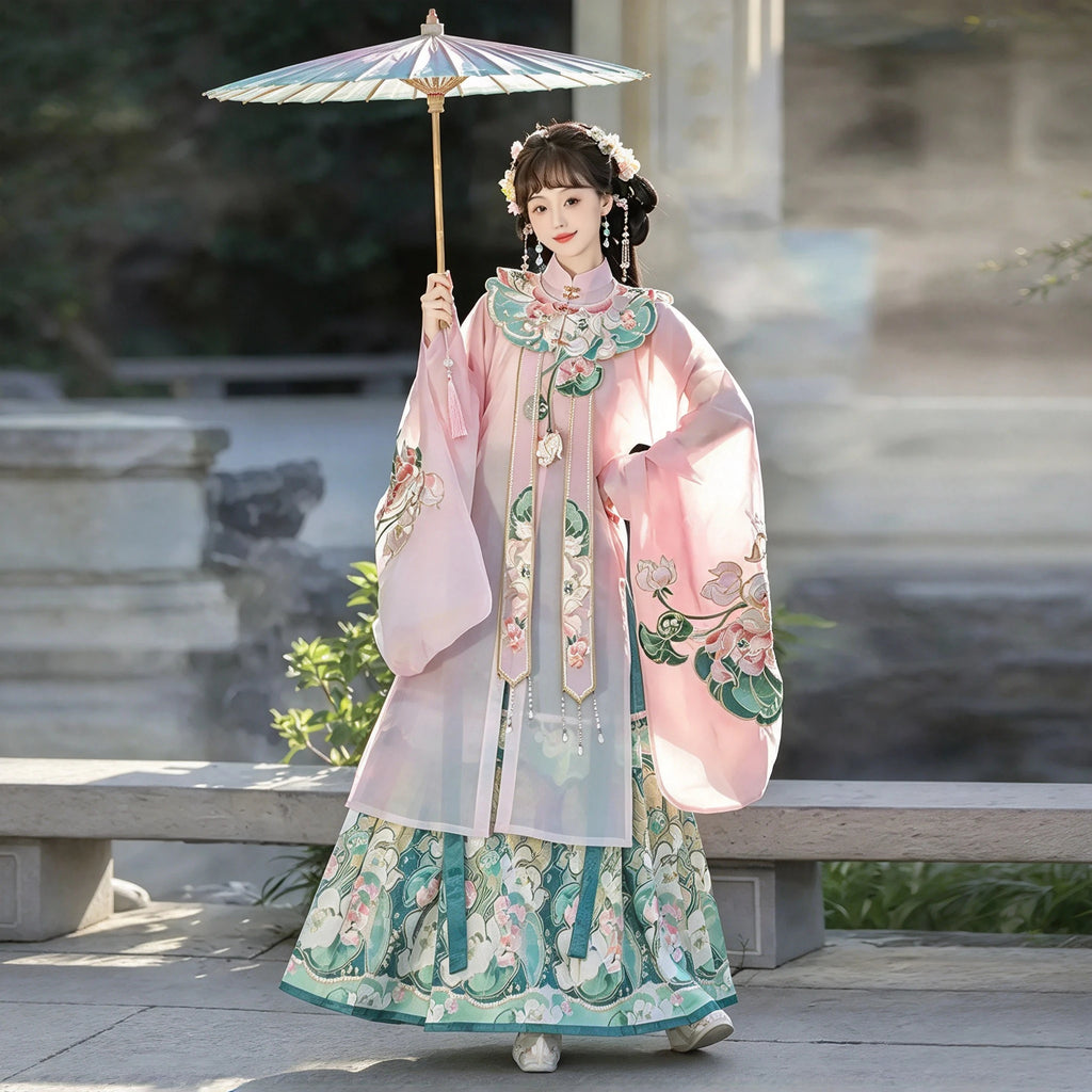 Ming Dynasty Hanfu Set Women - Soft Lotus Pink & Emerald Green Embroidered Standing Collar Robe (Changshan), Cloud Collar (Yunjian) & Horse-Face Skirt (Mamianqun) Set